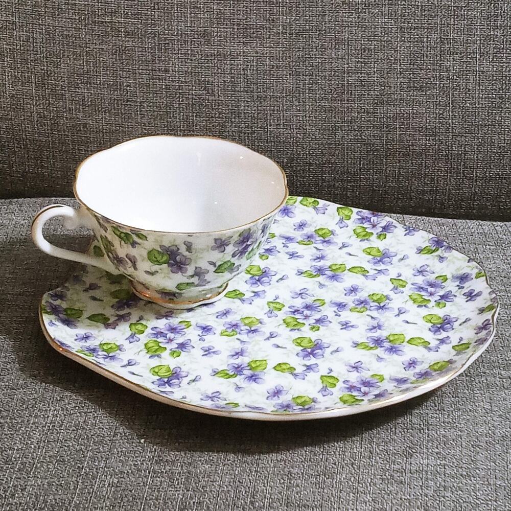 Vintage Lefton Violet Chintz Snack Appetizer Plate & Cup Japan Purple and Green
